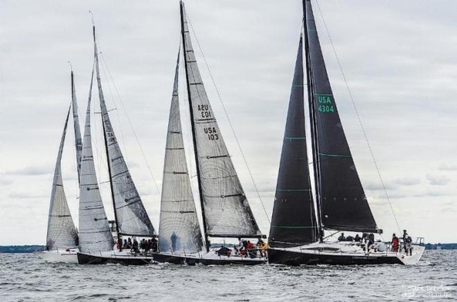 Close windward mark action in the IRC/ORC Class - 2015 Annapolis Fall Regatta © Sara Proctor